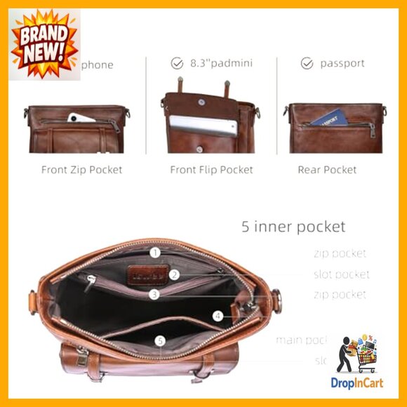 Soft Leather Crossbody Bag Multi Pocket Adjustable Strap Chic Travel Purse - Picture 6 of 7